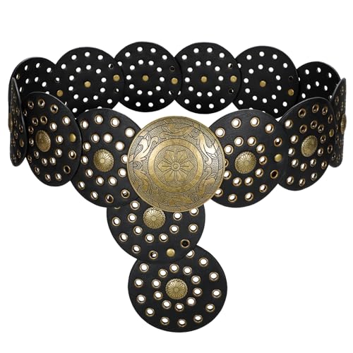 LEACOOLKEY Damengürtel Boho Disco Breiter Western Gürtel aus Leder Concho für Kleidung Jeans, A-schwarz, 135cm(Adatto per vita fino a 124cm) von LEACOOLKEY