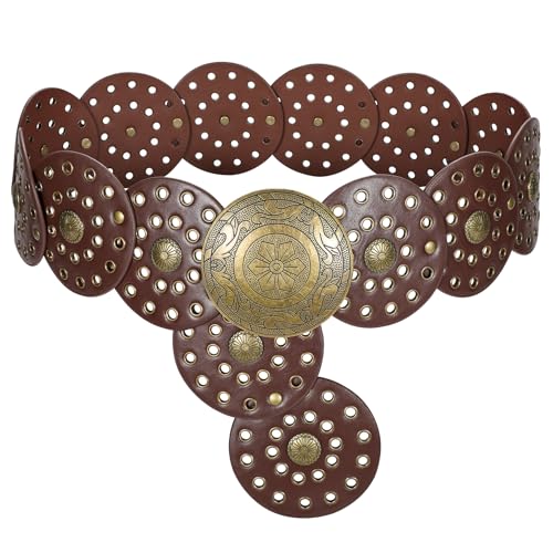 LEACOOLKEY Damengürtel Boho Disco Breiter Western Gürtel aus Leder Concho für Kleidung Jeans, B-braun, 105cm(Adatto per vita fino a 94cm) von LEACOOLKEY