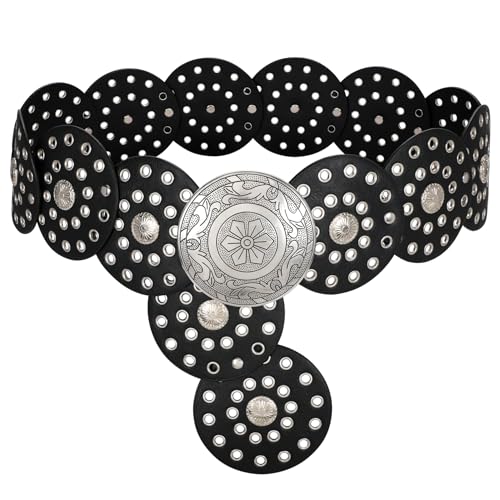 LEACOOLKEY Damengürtel Boho Disco Breiter Western Gürtel aus Leder Concho für Kleidung Jeans, C-schwarz (Schnalle in Silber), 135cm(Adatto per vita fino a 124cm) von LEACOOLKEY
