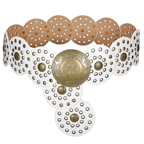 LEACOOLKEY Damengürtel Boho Disco Breiter Western Gürtel aus Leder Concho für Kleidung Jeans, D-weiß, 135cm(Adatto per vita fino a 124cm) von LEACOOLKEY