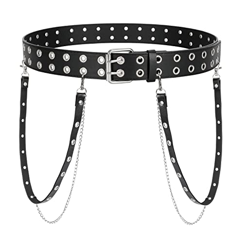 LEACOOLKEY Doppelter Grommet-Gürtel, PU-Leder, Punk-Stil Mit Metallkette für Damen, Schwarzer Taillengürtel Mit Kette, Doppelzinken für Jeanshosen LEACOOLKEY Doppelter Grommet-Gürtel, PU-Leder, Punk-Stil Mit Metallkette für Damen, Schwarzer Taillengürtel Mit Kette, Doppelzinken für Jeanshosen von LEACOOLKEY