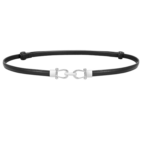 LEACOOLKEY Dünner Ledergürtel für Damen für Kleidung – verstellbarer dünner Taillengürtel mit goldener Schnalle, Schwarz (Schnalle in Silber), 120cm(Adatto per vita fino a 109cm) von LEACOOLKEY