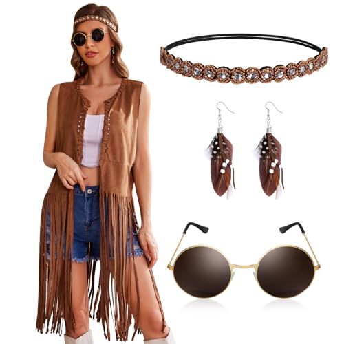 LEACOOLKEY Frauen Hippie Kostüm Fransenweste 60er 70er Jahre Faux Wildleder Quaste Weste für Karneval Halloween Cosplay Party von LEACOOLKEY