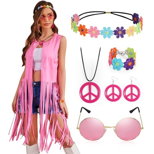 LEACOOLKEY Frauen Hippie Kostüm Fransenweste 60er 70er Jahre Faux Wildleder Quaste Weste für Karneval Halloween Cosplay Party von LEACOOLKEY
