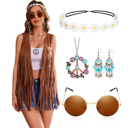 LEACOOLKEY Frauen Hippie Kostüm Fransenweste 60er 70er Jahre Faux Wildleder Quaste Weste für Karneval Halloween Cosplay Party von LEACOOLKEY