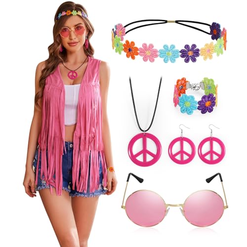 LEACOOLKEY Frauen Hippie Kostüm Fransenweste 60er 70er Jahre Faux Wildleder Quaste Weste für Karneval Halloween Cosplay Party von LEACOOLKEY