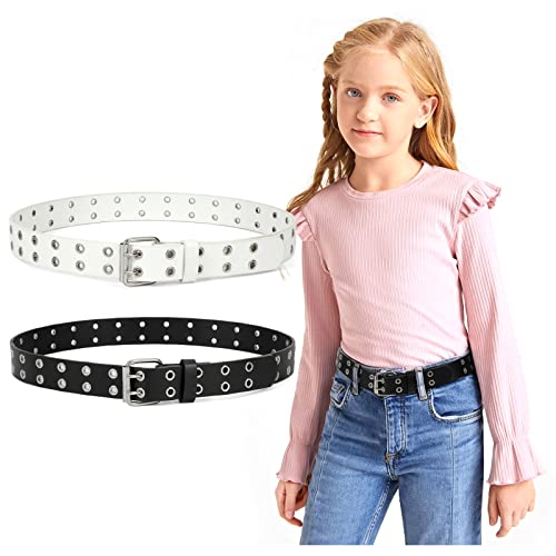 LEACOOLKEY Kinder Gürtel mit doppelter Öse für Mädchen und Jungen, PU Leder Kinder Gürtel mit doppelten Nieten für Jeans Hosen Schwarz+Weiß,90cm von LEACOOLKEY