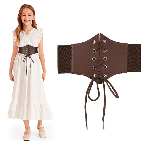 LEACOOLKEY Kinder schwarz elastische Stretch breite Taille Gürtel für Kleid Mädchen Lace-up Korsett Gürtel Halloween Cosplay von LEACOOLKEY