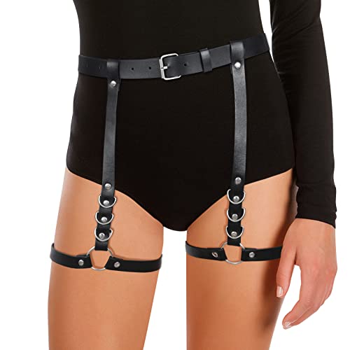 LEACOOLKEY Punk PU Leder Kettengürtel für Damen Gothic Rock Taillengürtel mit Bein Strumpfbänder von LEACOOLKEY