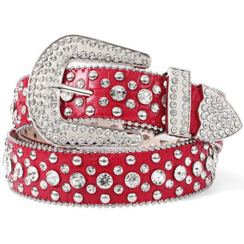 LEACOOLKEY Strass Gürtel für Damen Männer für Jeans,Western Cowgirl Nieten Punk PU Ledergürtel,Damen Strass Gürtel(M:Passgröße 86cm-96cm = 115cm Gesamtlänge,D-Rot) von LEACOOLKEY