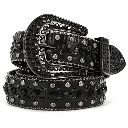 LEACOOLKEY Strass Gürtel für Damen Männer für Jeans,Western Cowgirl Nieten Punk PU Ledergürtel,Damen Strass Gürtel(M:Passgröße 86cm-96cm = 115cm Gesamtlänge,E-Schwarz) von LEACOOLKEY