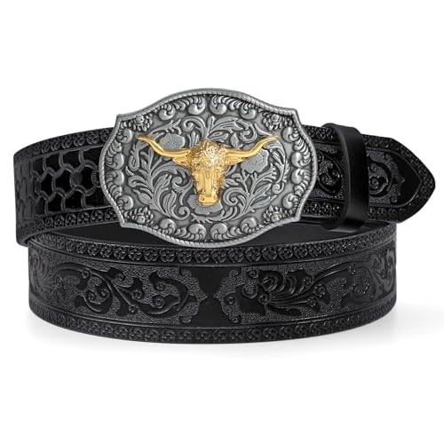 LEACOOLKEY Western Cowboy Gürtel für Herren Longhorn Bull Schnalle Gürtel 3,8 cm breit Floral Gravur geprägter Ledergürtel, A-schwarz, Fit Waist Size 39"-42" von LEACOOLKEY