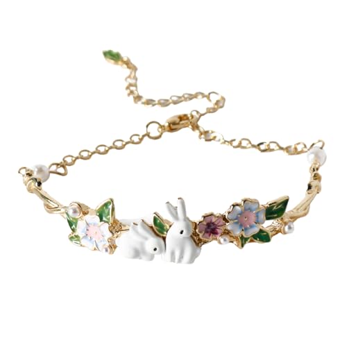 LEADSDGE Elegante Handkette mit Hasen- und Blumenanhänger, verstellbare Länge, Schmuck, stilvolles Accessoire für Frauen, niedliches Charm-Armband von LEADSDGE