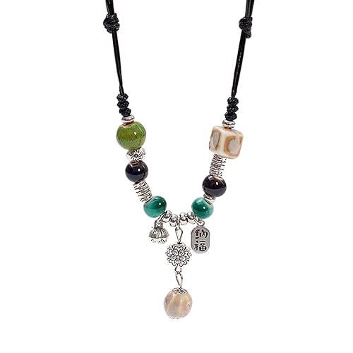 LEADSDGE Ethnische Halskette, handgefertigt, Keramikperlen, Anhänger, Choker, verstellbare Größe, Halskette für Damen von LEADSDGE