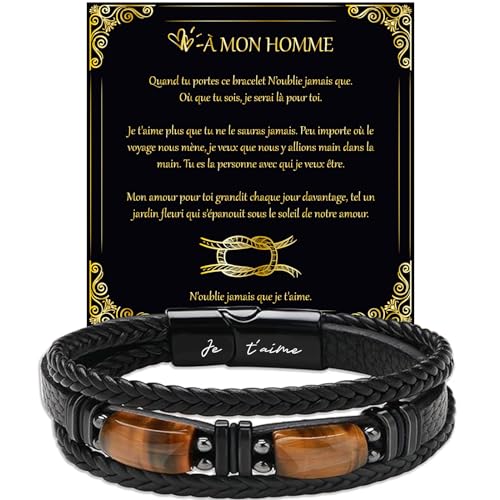 LEAFIA Knoten Lederarmband Herren, Armband Herren mit Gravur Ich liebe dich, Weihnachtsgeschenke, Geschenk für Ihn Hochzeitstag, Männer zum Valentinstag, Geburtstage für Männer, Ehemann, Freund FR von LEAFIA