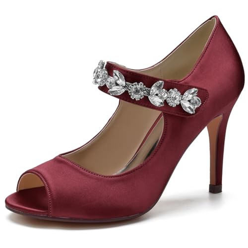 LEAOXHEY Damen offene Zehensandaletten mit Rhinesteinelementen aus Satin - Hochzeitsschuhe für Elegante Abende, Proms und besondere Anlässe,Burgundy,39 von LEAOXHEY