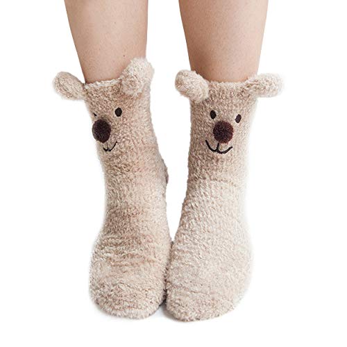 LEAPOP 1 oder 3 Paar Damen Socken Mädchen mit ABS Sohle Innenfell Extra dicke Haussocken Anti Rutsch Sohle Nette Tier Winter Weihnachtssocken (1 Paar (Bär)) von LEAPOP