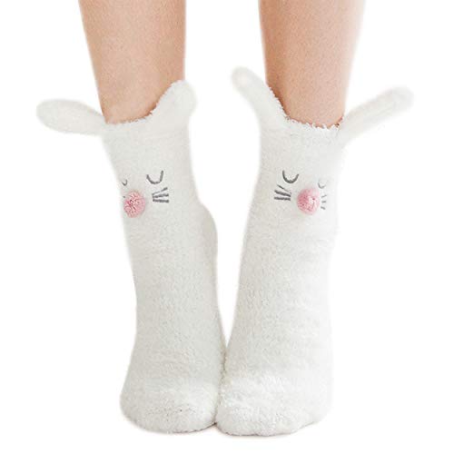 LEAPOP 1 oder 3 Paar Damen Socken Mädchen mit ABS Sohle Innenfell Extra dicke Haussocken Anti Rutsch Sohle Nette Tier Winter Weihnachtssocken (1 Paar (Hase)) von LEAPOP