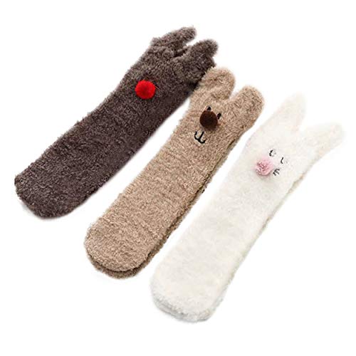 LEAPOP 1 oder 3 Paar Damen Socken Mädchen mit ABS Sohle Innenfell Extra dicke Haussocken Anti Rutsch Sohle Nette Tier Winter Weihnachtssocken (3 Paare (Elch + Bär + Hase)) von LEAPOP