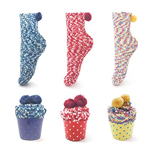 LEAPOP 1 oder 3 Paare Damen Mädchen Socken Cupcakes Design Flauschig Gemütliche Weiche Dicke Warme Weihnachtssocken mit Geschenkbox (3 Paare (dunkelblau+gelb+rot)) von LEAPOP