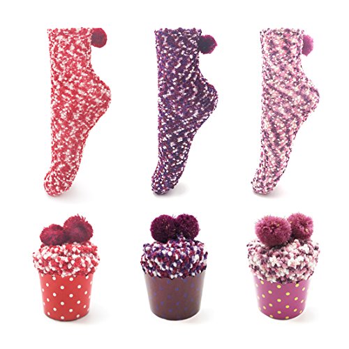 LEAPOP 1 oder 3 Paare Damen Mädchen Socken Cupcakes Design Flauschig Gemütliche Weiche Dicke Warme Weihnachtssocken mit Geschenkbox (3 Paare (rot+lila+pink)) von LEAPOP