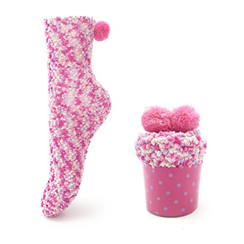 LEAPOP 1 oder 3 Paare Damen Mädchen Socken Cupcakes Design Flauschig Gemütliche Weiche Dicke Warme Weihnachtssocken mit Geschenkbox (Rose rot (1 Paar)) von LEAPOP