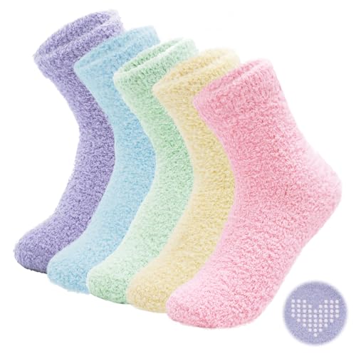 LEAPOP Damen Kuschelsocken Stoppersocken, 5 Paar Regenbogenfarbe Weiche Flauschige Atmungsaktive Socken mit Herzförmige Anti Rutsch Noppen, Gemütlich Winter Warme Dicke Haussocken Bettsocken, 36-42 von LEAPOP