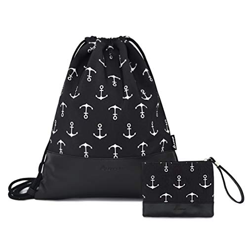 LEAPOP Turnbeutel Hipster Sporttaschen, Anchor Gym Sack Beutel Sportbeutel Tüte Rucksack mit Innentasche und Schlüsselbund (Schwarz Anchor) von LEAPOP