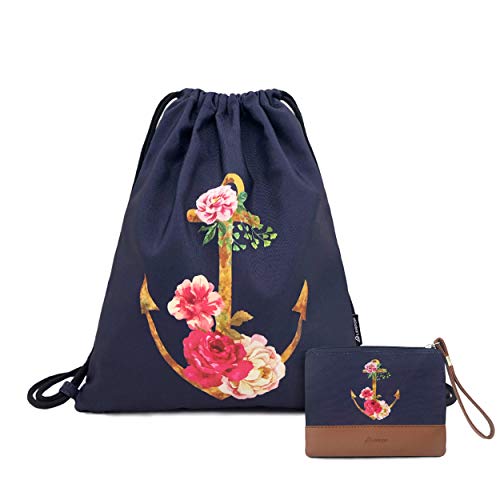 Leapop Turnbeutel Hipster Segeltuch Sporttaschen, Unisex Anker Blumen Gym Sack Beutel Sportbeutel Tüte Rucksack mit Innentasche und Schlüsselbund,Eines Münzbörsen (Navy Blau) von LEAPOP