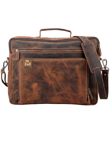 LEARICHI 16 Zoll Handgefertigte Jäger Verzweifelt Leder Laptop Schulter Aktentasche für Männer Braune Umhängetasche im Vintage Stil Mit Gepolstertem Fach von LEARICHI