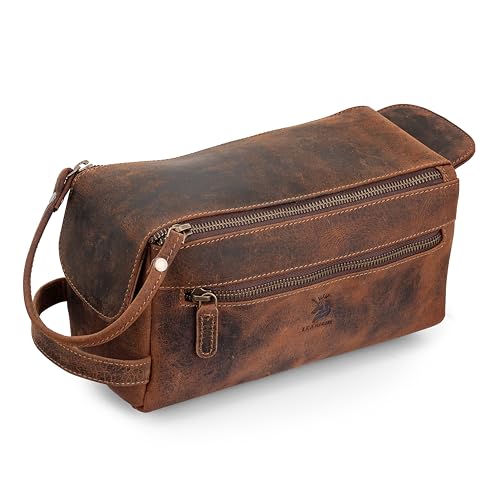 Learichi 10 Zoll handgefertigte Kulturtasche aus Hunter-Leder für Herren – Wasserdichtes Reise-Dopp-Set, Vintage-Braun-Organizer mit Metallreißverschlüssen, Bräutigam von LEARICHI