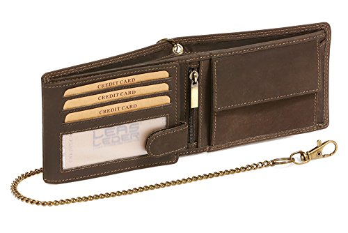 LEAS Bikerbörse im Querformat mit Messing-Kette MCL im Vintage-Stil in Echt-Leder, braun Chain-Series von LEAS MCL
