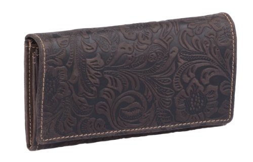LEAS Damenlangbörse mit Floralen-Muster geprägt Echt-Leder, dunkelbraun Vintage-Collection von LEAS