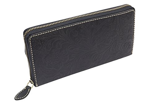 LEAS Damenlangbörse umlaufenden Reißverschluss Portemonnaie Damen Lilianen-Muster Echt-Leder, schwarz von LEAS