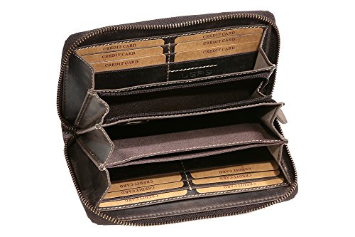 LEAS Große Vollleder Damen Geldbörse Natur Usedlook Reißverschluss rundherum Damenlangbörse Portemonnaie Brieftasche lang Echt-Leder, braun Vintage-Collection 19,5x9,5x2cm (BxHxT) von LEAS