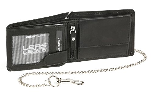 LEAS Mini-Bikerbörse mit Riegel im Querformat mit Chrom-Kette Trucker Echt-Leder, schwarz Chain-Series von LEAS