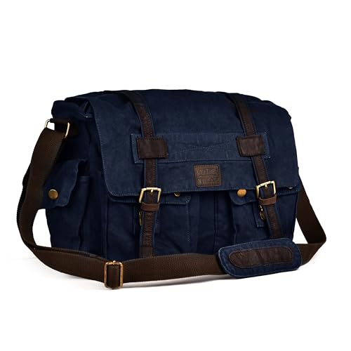 LEATHER VILLAGE Vintage Canvas Messenger Bag - 16 Zoll Handmade Laptop Umhängetasche für Damen & Herren - Crossbody Arbeitstasche für Büro, Reisen & Alltag - Blau von LEATHER VILLAGE