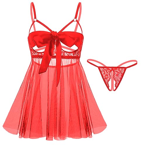 Dessous Damen Unterwäsche für Frauen Dessous Set Sexy Erotische Translucent Spitze Bodysuit mit Bogen Lingerie Reizwäsche BH und Höschen Sets Verstellbare Offen Unterwäsche für Frau (Rot M) von LEBENSFROH