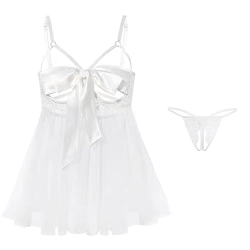 Dessous Damen Unterwäsche für Frauen Dessous Set Sexy Erotische Translucent Spitze Bodysuit mit Bogen Lingerie Reizwäsche BH und Höschen Sets Verstellbare Offen Unterwäsche für Frau (Weiß, M) von LEBENSFROH