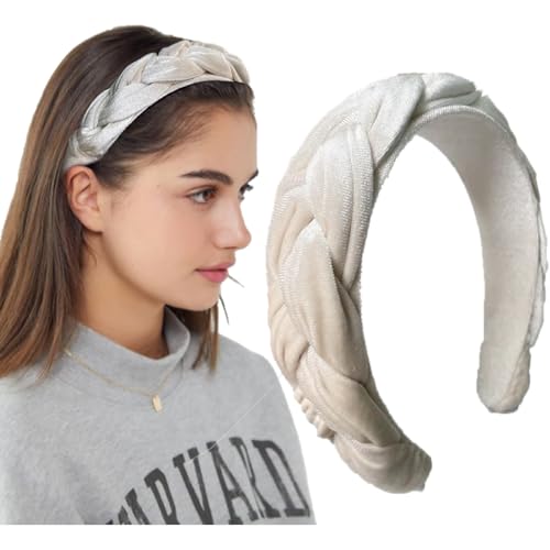 LEBENSWERT Haarreif Samt Geflochtener Haarreifen Damen Trachten Haarreif breit Vintage Harrband Mode Stirnbänder für Frauen (Beige) von LEBENSWERT