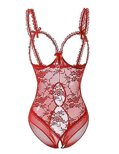 LEBENSWERT Dessous Damen Sexy Unterwäsche für Sex Spitze Reizwäche Body Dessous Set Decolleté Bodysuit Erotische Lingerie NegligeeErotische Bodys (XL, Rot) von LEBENSWERT