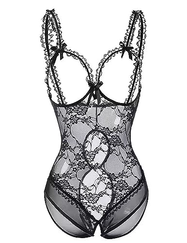 LEBENSWERT Dessous Damen Sexy Unterwäsche für Sex Spitze Reizwäche Body Dessous Set Decolleté Bodysuit V-Ausschnitt Erotische Lingerie Negligee (XXL, Schwarz) von LEBENSWERT