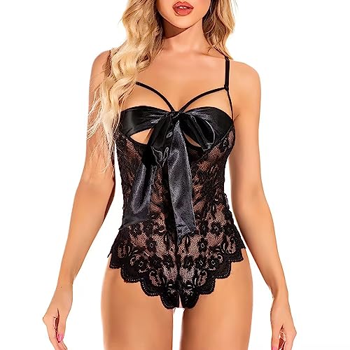 LEBENSWERT Sexy Dessous Set Damen Unterwäsche mit Schleife Seidenband Transparent Spitze für Sex Reizwäsche Outfit Verstellbare Erotische Bodysuit (Style A - Schwarz) von LEBENSWERT