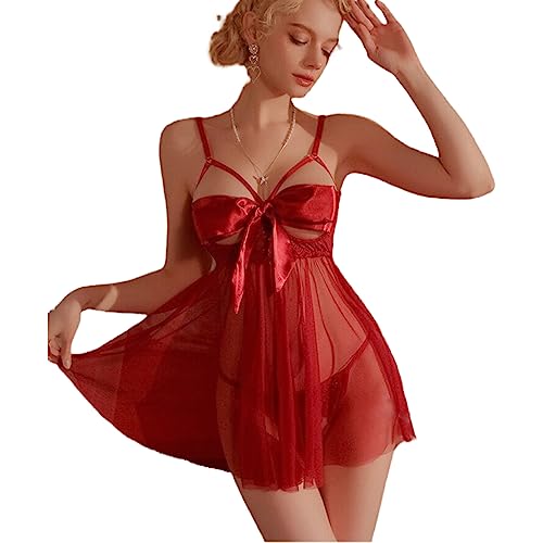 LEBENSWERT Dessous Sexy Set Dessous Damen Sexy Unterwäsche mit Scleife Seidenband Transparent Spitze Sexy Dessous Damen für Sex Reizwäche Outfit Verstellbare Erotische Bodysuit (Style B - Rot) von LEBENSWERT