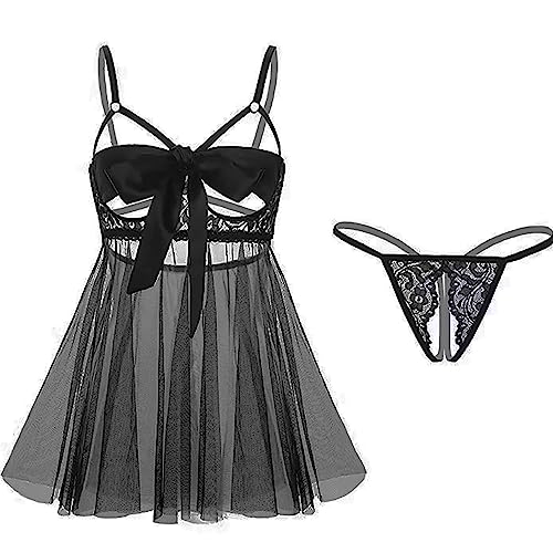 LEBENSWERT Dessous Sexy Set Dessous Damen Sexy Unterwäsche mit Scleife Seidenband Transparent Spitze Sexy Dessous Damen für Sex Reizwäche Outfit Verstellbare Erotische Dessous (Style B - Schwarz) von LEBENSWERT