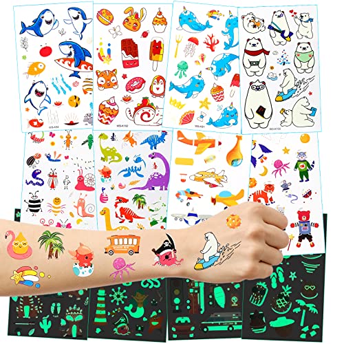 LEBEXY Tattoo Kinder Gastgeschenke | Kindertattoos Jungen | Aufkleber Mädchen Leuchtende Geburtstagsdeko Geschenke Party Deko | Leucht Sticker Im Dunkeln für Kindergeburtstag Mitgebsel, 16 Blatt von LEBEXY