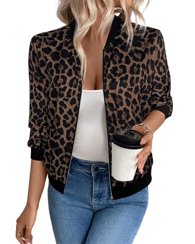 LEBOOBELL Damen Bomberjacke Kurze Blouson Jacke Mit Reißverschluss Langarm Leopardenmuster Coat Leichte Sweatjacke Schwarzer L von LEBOOBELL