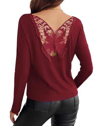 LEBOOBELL Damen Langarmshirt Rundhals Pullover Spitze Schmetterling Hohlrücken Elegant Oberteile Herbst Tops Rot M von LEBOOBELL