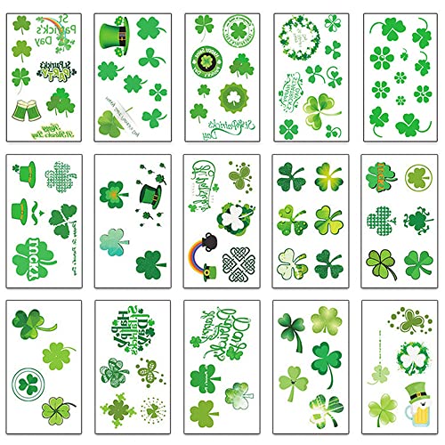 15 Blatt St. Patrick's Day Kleeblatt-Tattoos, St. Patrick's Day temporäre Tattoo-Aufkleber, irisches Glücks-Tattoo für Kinder und Erwachsene, St. Patrick's Day Dekorationen, Partyzubehör 15 Blatt St. Patrick's Day Kleeblatt-Tattoos, St. Patrick's Day temporäre Tattoo-Aufkleber, irisches Glücks-Tattoo für Kinder und Erwachsene, St. Patrick's Day Dekorationen, Partyzubehör von LECONCES