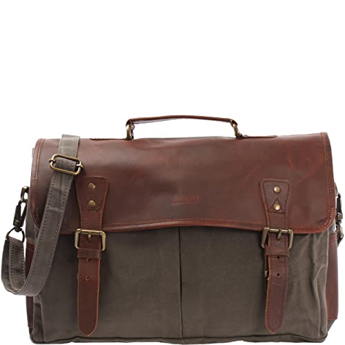 LECONI Collegetasche großes Messenger Bag Tasche Arbeitstasche für Herren & Damen DIN A4 Schultasche Umhängetasche aus Leder und Canvas 41x28x13cm braun grau LE3018-C von LECONI